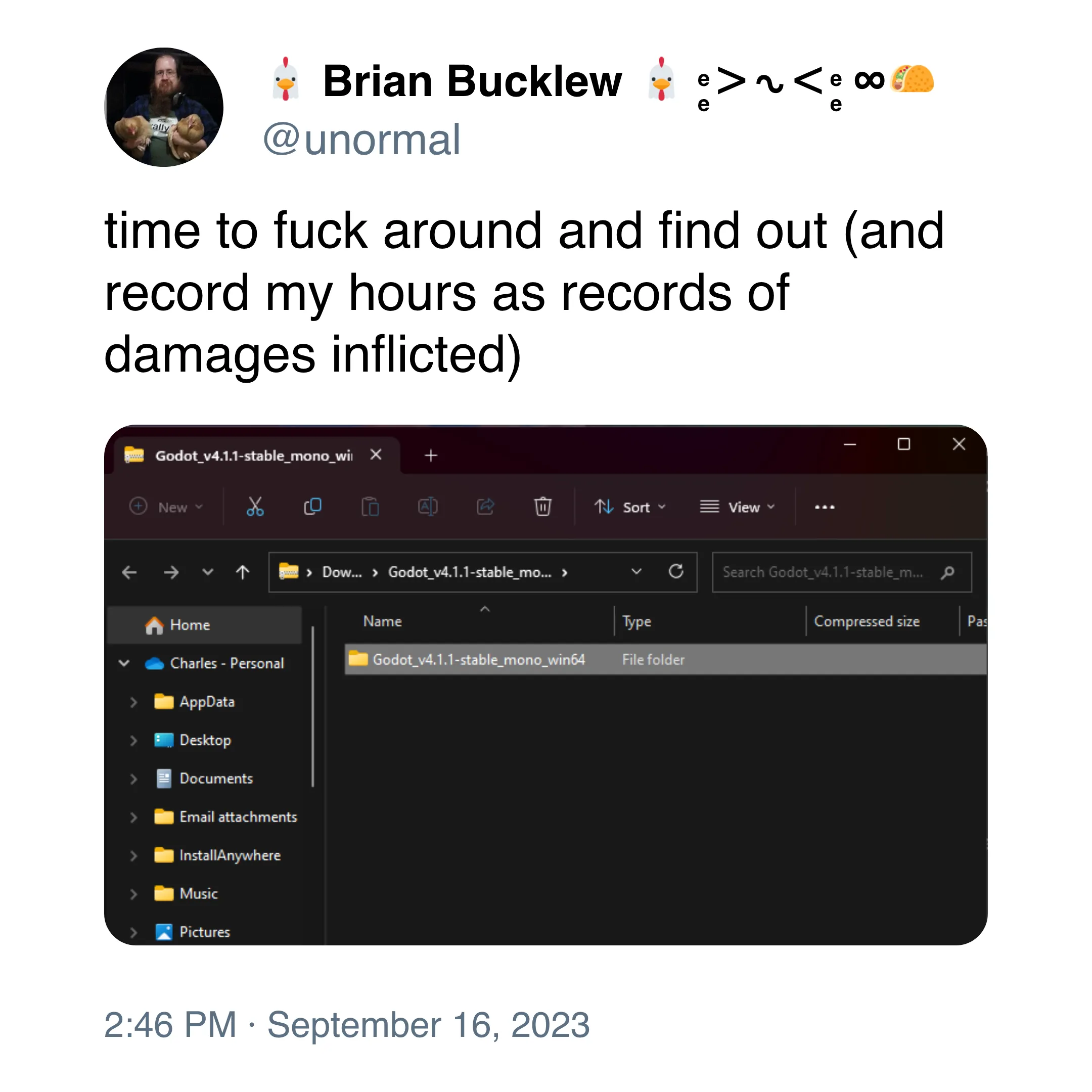Screenshot of Brian Bucklew's tweet about migrating to Godot
