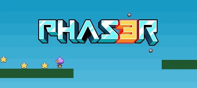 A screenshot of a side-scrolling platform game with the Phaser logo superimposed