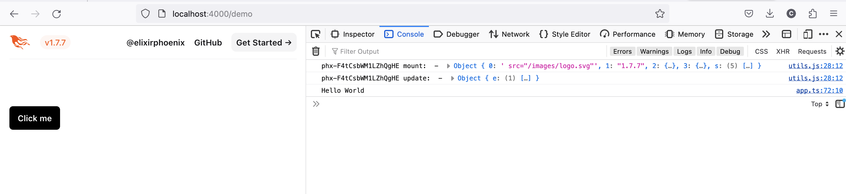 A screenshot of the browser with the developer tools console showing our output